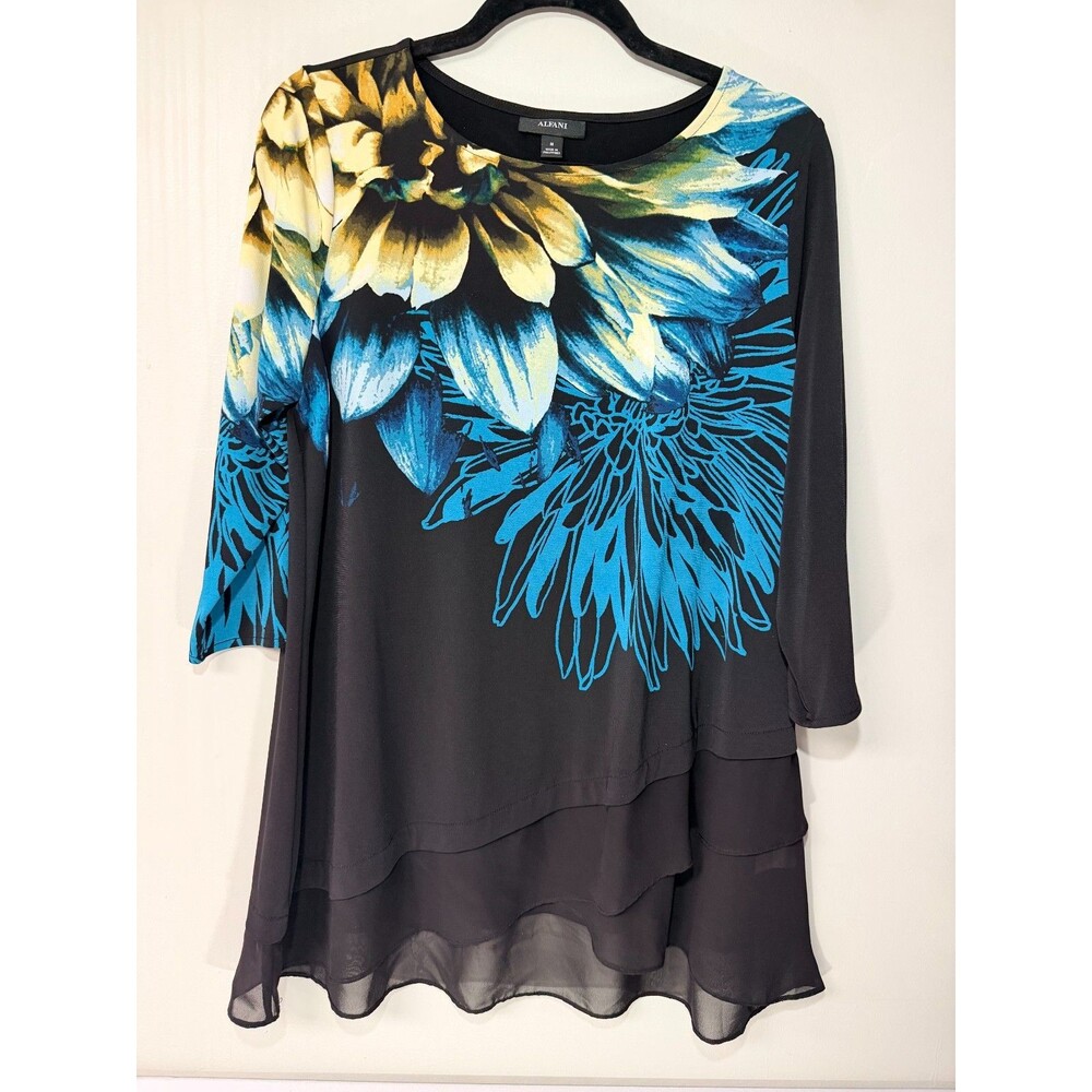 Alfani Womens M Black Blue Gold Floral Chiffon Layered Hem Top